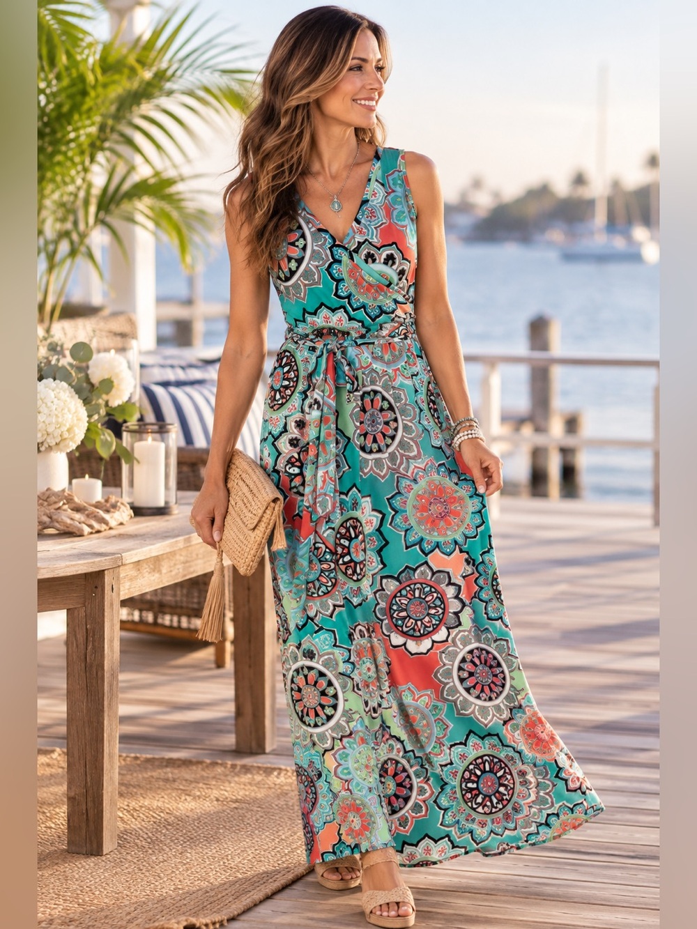 Floral Teal & Coral Wrap Maxi Dress with Tie Waist